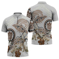 Polynesian Manta Ray Zipper Polo Shirt Beige Floral Turtle Tattoo - Polynesian Pride