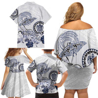 Polynesian Manta Ray Family Matching Off Shoulder Short Dress and Hawaiian Shirt Blue Floral Turtle Tattoo - Polynesian Pride
