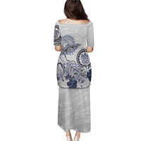 Polynesian Manta Ray Family Matching Puletasi and Hawaiian Shirt Blue Floral Turtle Tattoo - Polynesian Pride