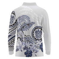 Polynesian Manta Ray Long Sleeve Polo Shirt Blue Floral Turtle Tattoo - Polynesian Pride