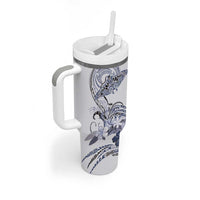 Polynesian Manta Ray Tumbler With Handle Blue Floral Turtle Tattoo - Polynesian Pride