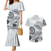 Polynesian Manta Ray Couples Matching Mermaid Dress and Hawaiian Shirt Gray Floral Turtle Tattoo LT9 Gray - Polynesian Pride