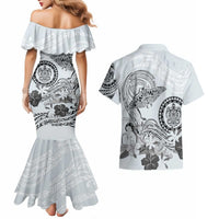 Polynesian Manta Ray Couples Matching Mermaid Dress and Hawaiian Shirt Gray Floral Turtle Tattoo LT9 - Polynesian Pride