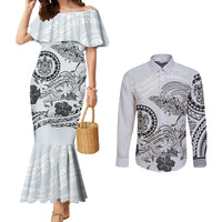 Polynesian Manta Ray Couples Matching Mermaid Dress and Long Sleeve Button Shirt Gray Floral Turtle Tattoo - Polynesian Pride