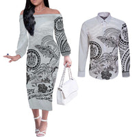 Polynesian Manta Ray Couples Matching Off The Shoulder Long Sleeve Dress and Long Sleeve Button Shirt Gray Floral Turtle Tattoo - Polynesian Pride