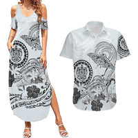 Polynesian Manta Ray Couples Matching Summer Maxi Dress and Hawaiian Shirt Gray Floral Turtle Tattoo - Polynesian Pride