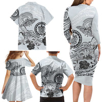 Polynesian Manta Ray Family Matching Long Sleeve Bodycon Dress and Hawaiian Shirt Gray Floral Turtle Tattoo - Polynesian Pride