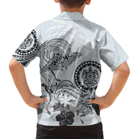 Polynesian Manta Ray Family Matching Off The Shoulder Long Sleeve Dress and Hawaiian Shirt Gray Floral Turtle Tattoo - Polynesian Pride