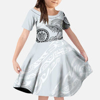 Polynesian Manta Ray Family Matching Off The Shoulder Long Sleeve Dress and Hawaiian Shirt Gray Floral Turtle Tattoo - Polynesian Pride