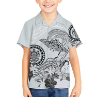 Polynesian Manta Ray Family Matching Off The Shoulder Long Sleeve Dress and Hawaiian Shirt Gray Floral Turtle Tattoo - Polynesian Pride