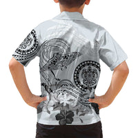 Polynesian Manta Ray Family Matching Off Shoulder Short Dress and Hawaiian Shirt Gray Floral Turtle Tattoo - Polynesian Pride