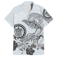 Polynesian Manta Ray Family Matching Off Shoulder Short Dress and Hawaiian Shirt Gray Floral Turtle Tattoo - Polynesian Pride