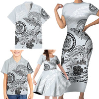 Polynesian Manta Ray Family Matching Short Sleeve Bodycon Dress and Hawaiian Shirt Gray Floral Turtle Tattoo - Polynesian Pride