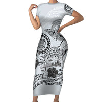 Polynesian Manta Ray Family Matching Short Sleeve Bodycon Dress and Hawaiian Shirt Gray Floral Turtle Tattoo - Polynesian Pride