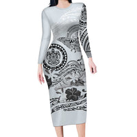 Polynesian Manta Ray Long Sleeve Bodycon Dress Gray Floral Turtle Tattoo - Polynesian Pride