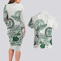 Polynesian Manta Ray Couples Matching Long Sleeve Bodycon Dress and Hawaiian Shirt Green Floral Turtle Tattoo - Polynesian Pride