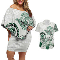 Polynesian Manta Ray Couples Matching Off Shoulder Short Dress and Hawaiian Shirt Green Floral Turtle Tattoo LT9 Green - Polynesian Pride