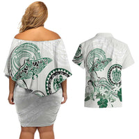 Polynesian Manta Ray Couples Matching Off Shoulder Short Dress and Hawaiian Shirt Green Floral Turtle Tattoo LT9 - Polynesian Pride