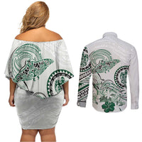 Polynesian Manta Ray Couples Matching Off Shoulder Short Dress and Long Sleeve Button Shirt Green Floral Turtle Tattoo - Polynesian Pride