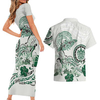 Polynesian Manta Ray Couples Matching Short Sleeve Bodycon Dress and Hawaiian Shirt Green Floral Turtle Tattoo - Polynesian Pride