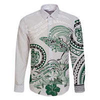 Polynesian Manta Ray Family Matching Long Sleeve Bodycon Dress and Hawaiian Shirt Green Floral Turtle Tattoo - Polynesian Pride