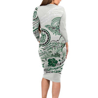 Polynesian Manta Ray Family Matching Long Sleeve Bodycon Dress and Hawaiian Shirt Green Floral Turtle Tattoo - Polynesian Pride