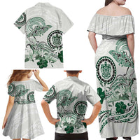 Polynesian Manta Ray Family Matching Off Shoulder Maxi Dress and Hawaiian Shirt Green Floral Turtle Tattoo - Polynesian Pride