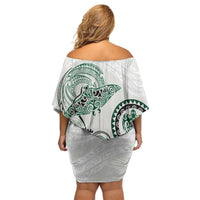 Polynesian Manta Ray Family Matching Off Shoulder Short Dress and Hawaiian Shirt Green Floral Turtle Tattoo - Polynesian Pride