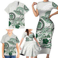 Polynesian Manta Ray Family Matching Short Sleeve Bodycon Dress and Hawaiian Shirt Green Floral Turtle Tattoo - Polynesian Pride