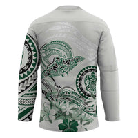 Polynesian Manta Ray Hockey Jersey Green Floral Turtle Tattoo - Polynesian Pride