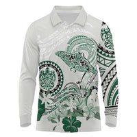 Polynesian Manta Ray Long Sleeve Polo Shirt Green Floral Turtle Tattoo - Polynesian Pride