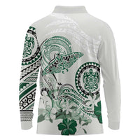 Polynesian Manta Ray Long Sleeve Polo Shirt Green Floral Turtle Tattoo - Polynesian Pride
