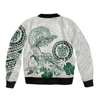 Polynesian Manta Ray Sleeve Zip Bomber Jacket Green Floral Turtle Tattoo - Polynesian Pride