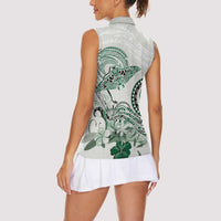 Polynesian Manta Ray Women Sleeveless Polo Shirt Green Floral Turtle Tattoo - Polynesian Pride