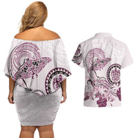 Polynesian Manta Ray Couples Matching Off Shoulder Short Dress and Hawaiian Shirt Pink Floral Turtle Tattoo - Polynesian Pride