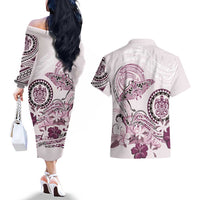 Polynesian Manta Ray Couples Matching Off The Shoulder Long Sleeve Dress and Hawaiian Shirt Pink Floral Turtle Tattoo - Polynesian Pride