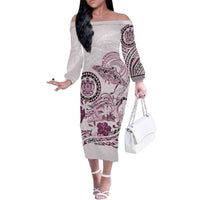 Polynesian Manta Ray Family Matching Off The Shoulder Long Sleeve Dress and Hawaiian Shirt Pink Floral Turtle Tattoo - Polynesian Pride