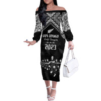 NZ Rugby Family Matching Off Shoulder Long Sleeve Dress and Hawaiian Shirt Kapa Opango Maori Haka With Years of The All Black Champions LT9 Mom's Dress Black - Polynesian Pride