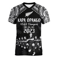 NZ Rugby Women V Neck T Shirt Kapa Opango Maori Haka With Years of The All Black Champions LT9 Female Black - Polynesian Pride