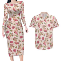 Beige Paniolo Palaka Hawaiian Cowgirl Christmas Couples Matching Long Sleeve Bodycon Dress and Hawaiian Shirt - Polynesian Pride