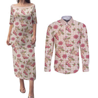 Beige Paniolo Palaka Hawaiian Cowgirl Christmas Couples Matching Puletasi and Long Sleeve Button Shirt - Polynesian Pride