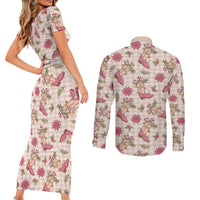 Beige Paniolo Palaka Hawaiian Cowgirl Christmas Couples Matching Short Sleeve Bodycon Dress and Long Sleeve Button Shirt - Polynesian Pride