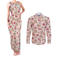 Beige Paniolo Palaka Hawaiian Cowgirl Christmas Couples Matching Tank Maxi Dress and Long Sleeve Button Shirt - Polynesian Pride