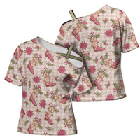 Beige Paniolo Palaka Hawaiian Cowgirl Christmas Cross Shoulder Shirt LT9 - Polynesian Pride