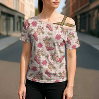 Beige Paniolo Palaka Hawaiian Cowgirl Christmas Cross Shoulder Shirt - Polynesian Pride