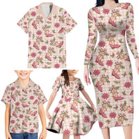 Beige Paniolo Palaka Hawaiian Cowgirl Christmas Family Matching Long Sleeve Bodycon Dress and Hawaiian Shirt - Polynesian Pride