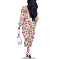 Beige Paniolo Palaka Hawaiian Cowgirl Christmas Family Matching Off The Shoulder Long Sleeve Dress and Hawaiian Shirt - Polynesian Pride