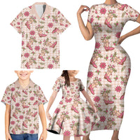 Beige Paniolo Palaka Hawaiian Cowgirl Christmas Family Matching Short Sleeve Bodycon Dress and Hawaiian Shirt - Polynesian Pride