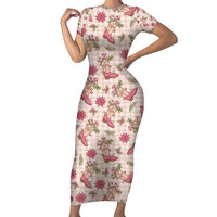 Beige Paniolo Palaka Hawaiian Cowgirl Christmas Family Matching Short Sleeve Bodycon Dress and Hawaiian Shirt - Polynesian Pride