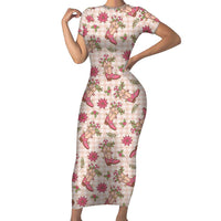 Beige Paniolo Palaka Hawaiian Cowgirl Christmas Short Sleeve Bodycon Dress - Polynesian Pride